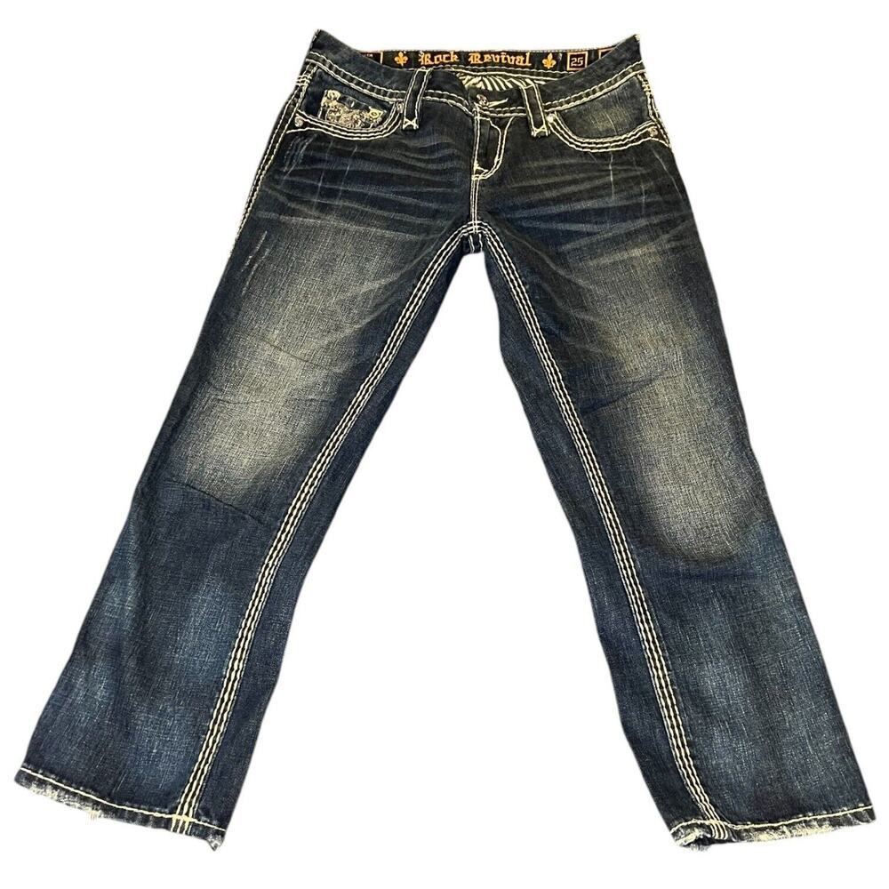 Rock Revival Women's Junia Easy‎ Capri 25 Distressed Denim Jean Embroidered